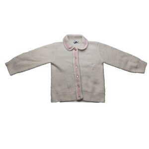 Vintage High Bulk Orlon Acrylic White and Pink Baby Sweater with buttons